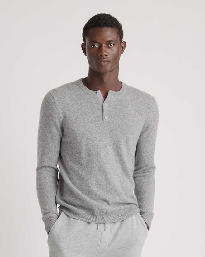 Heather Grey Mongolian Cashmere Henley Sweater