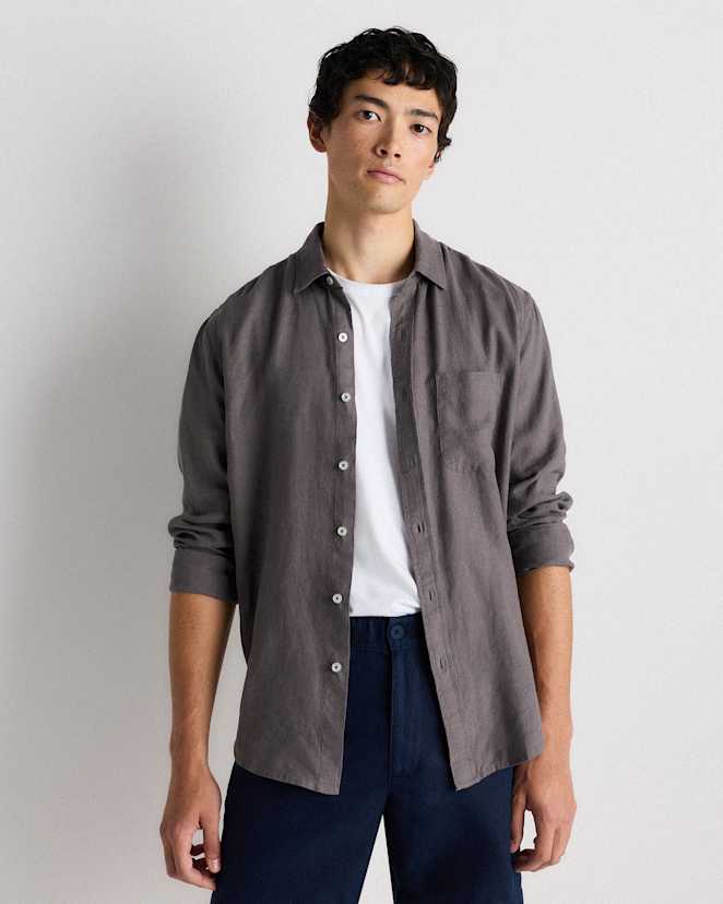Dark Gull Grey 100% European Linen Relaxed Long Sleeve Pocket Shirt