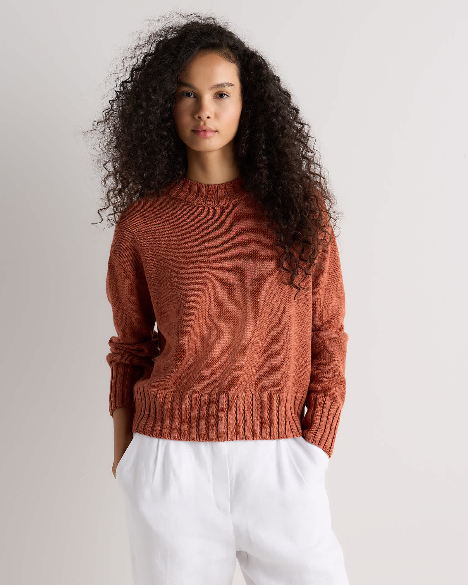 Canyon Burnt Orange Cotton Linen Relaxed Crew Sweater