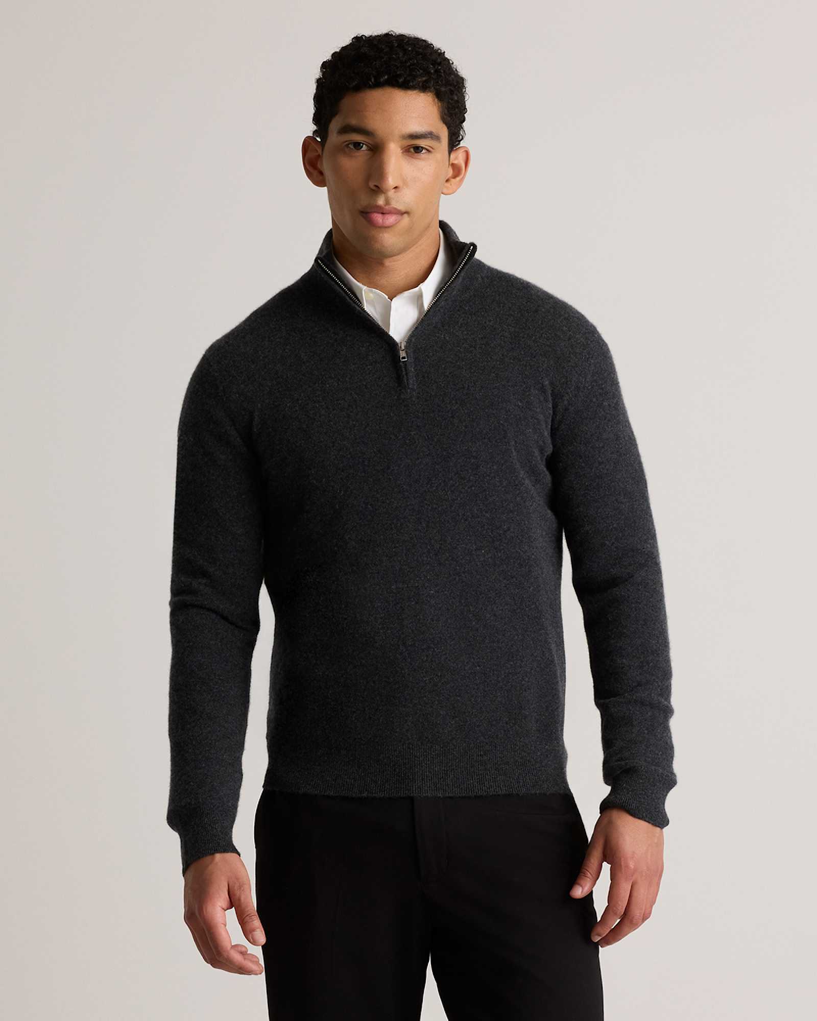 M-HKT-4-CHAR-46077 EDITED 1 Charcoal Mongolian Cashmere Quarter Zip Sweater