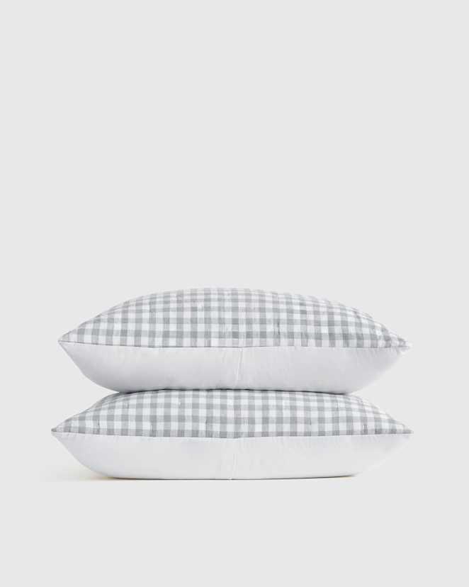 Light Blue Gingham Ensemble de taies décoratives matelassées en lin européen à motif