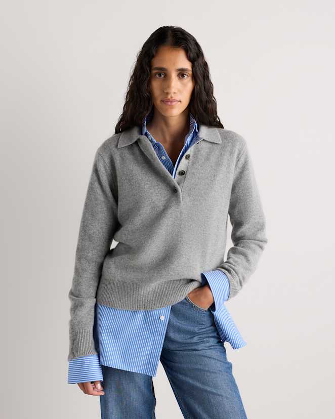 Heather Grey Mongolian Cashmere Button Polo Sweater