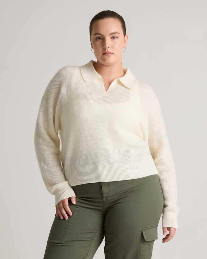 Ivory Baby Alpaca-Wool Waffle Stitch Polo Sweater