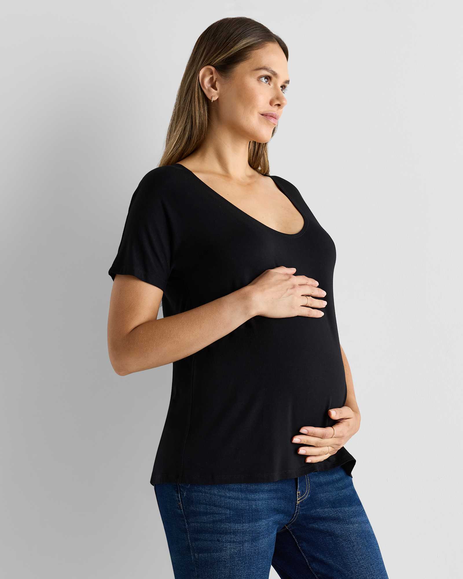 W--89-BLK-03 EDITED black/black-white-stripe Bamboo Jersey Maternity V-Neck Tee (2-pack)