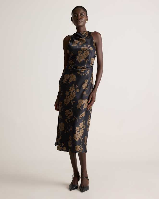 Caper Eclipse Washable Stretch Silk High Neck Midi Dress