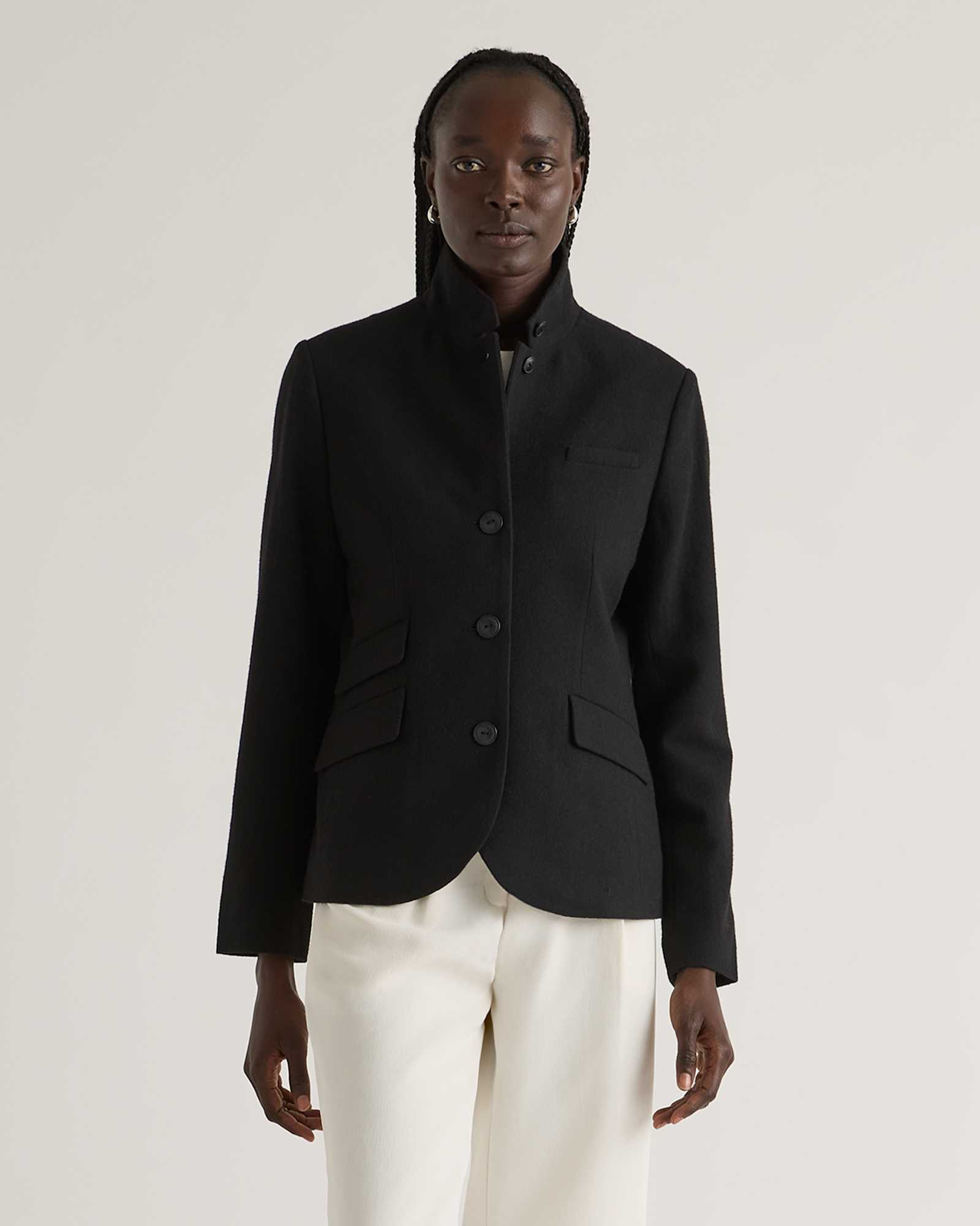 black Italian Wool Stand Collar Blazer