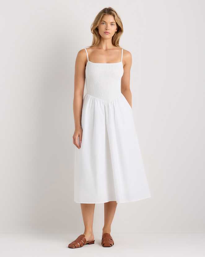 Classic White 100% Organic Cotton Poplin Drop Waist Midi Dress