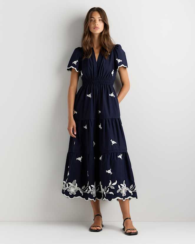 Navy 100% Organic Cotton Poplin Embroidered Tiered Maxi Dress
