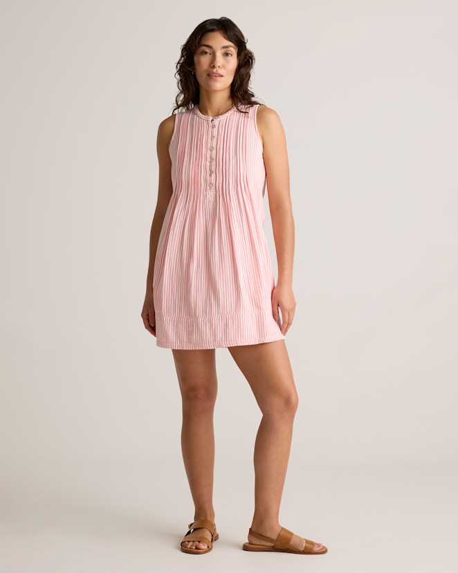 Bayside Stripe Coral/White 100% Organic Cotton Gauze Sleeveless Swing Dress