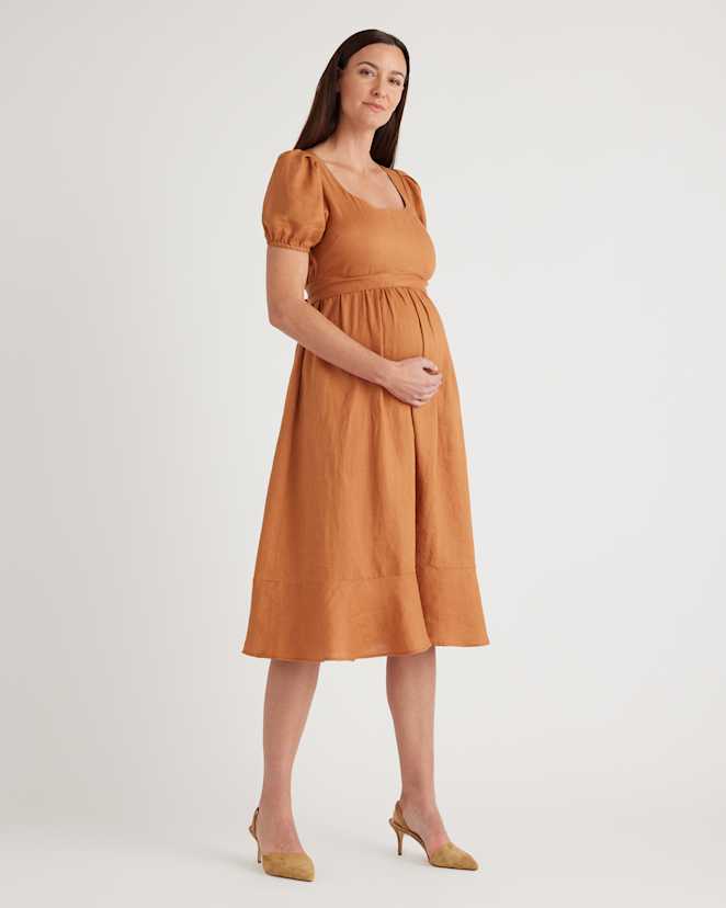 Terracotta 100% European Linen Maternity Short Sleeve Midi Dress