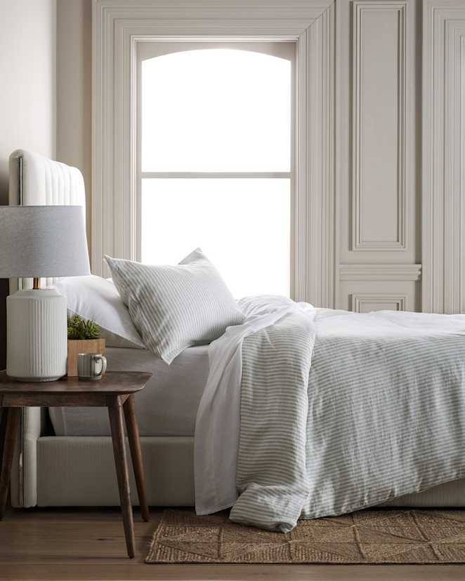 Mist/White Stripe European Linen Stripe Duvet Cover