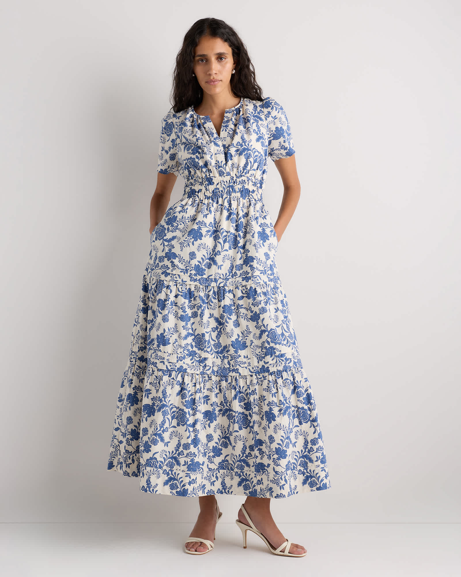 Riviera Blue Heirloom Floral 100% Organic Cotton Poplin Tiered Maxi Dress