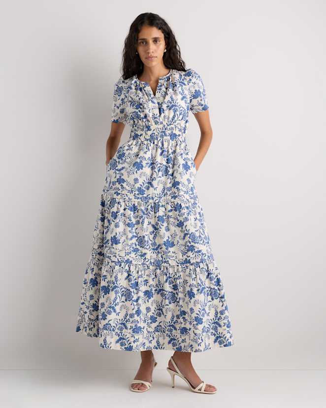 Riviera Blue Heirloom Floral Robe longue étagée en popeline 100 % coton biologique