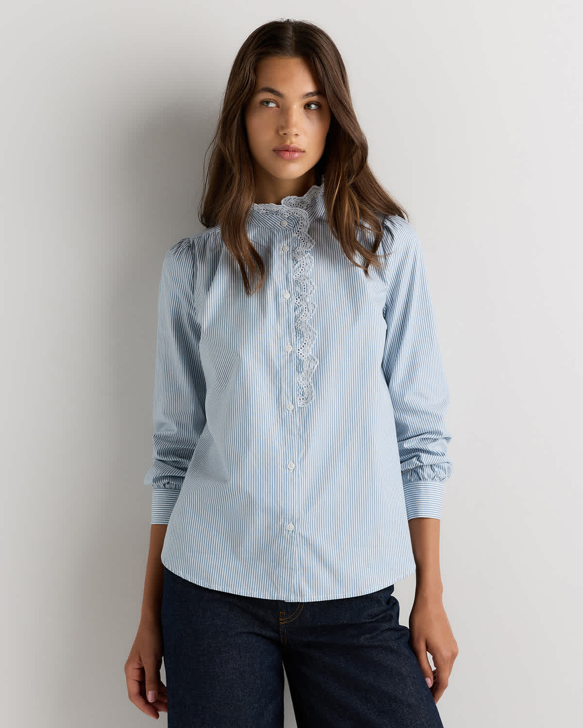 Light Blue Stripe 100% Organic Cotton Lace Ruffle Blouse