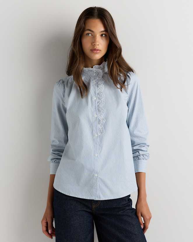 Light Blue Stripe 100% Organic Cotton Lace Ruffle Blouse