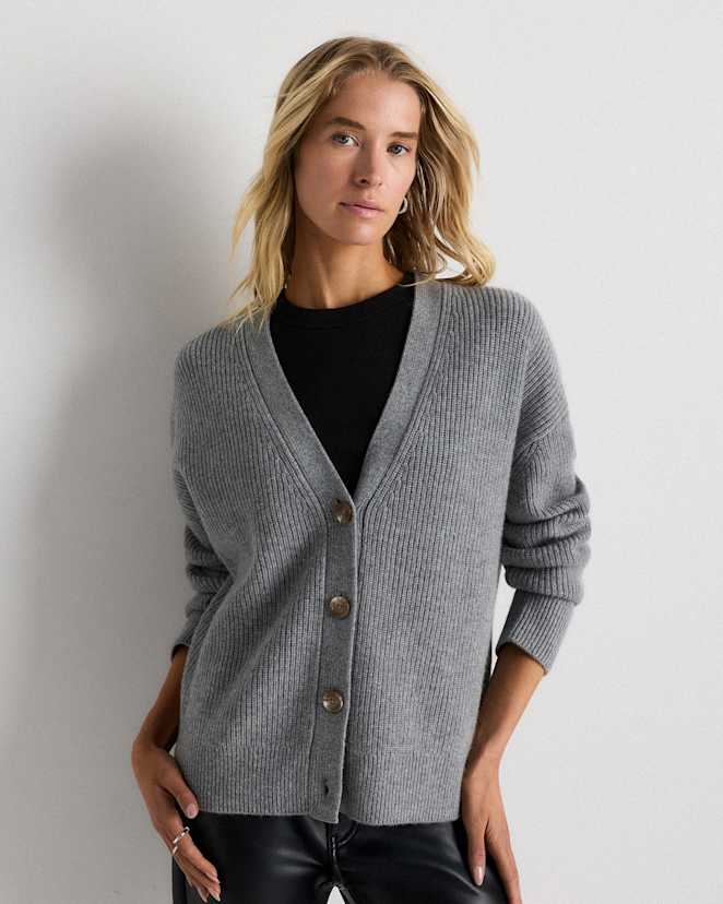 Heather Grey Mongolian Cashmere Fisherman Boxy Cropped Cardigan Sweater