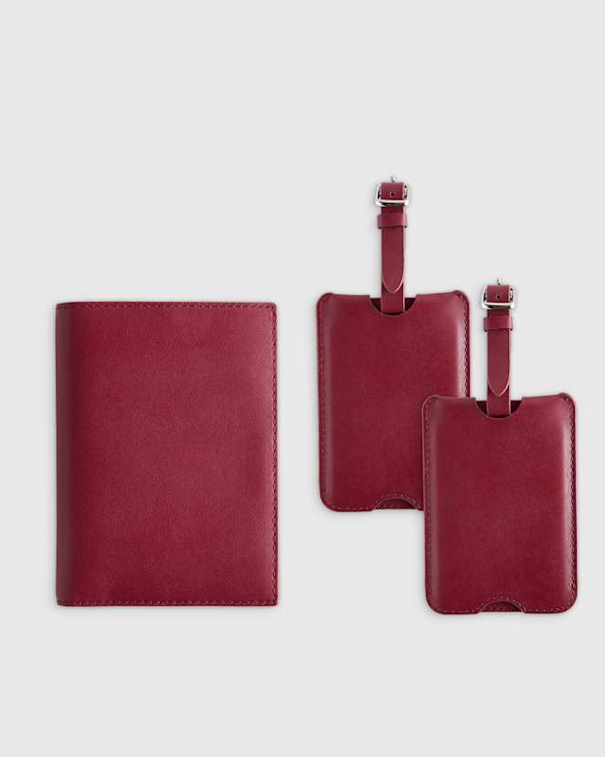 Wine Nappa Leather RFID Blocking Passport Holder & Luggage Tags Set