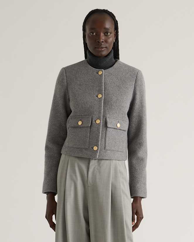 Heather Grey 100% Merino Wool Collarless Cropped Jacket