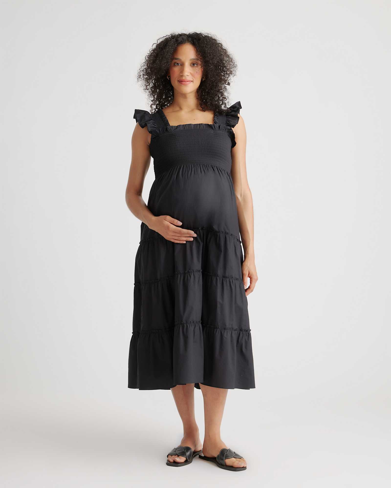 black 100% Organic Cotton Poplin Maternity Smocked Midi Dress