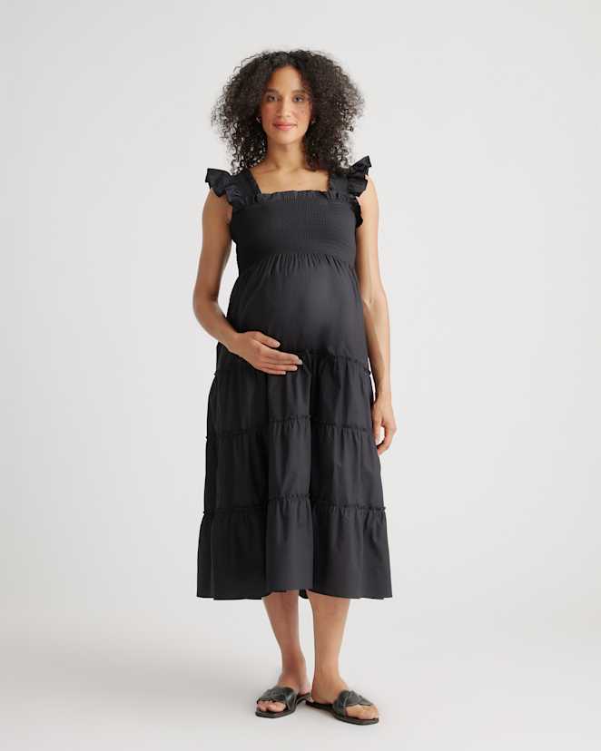 Black 100% Organic Cotton Poplin Maternity Smocked Midi Dress