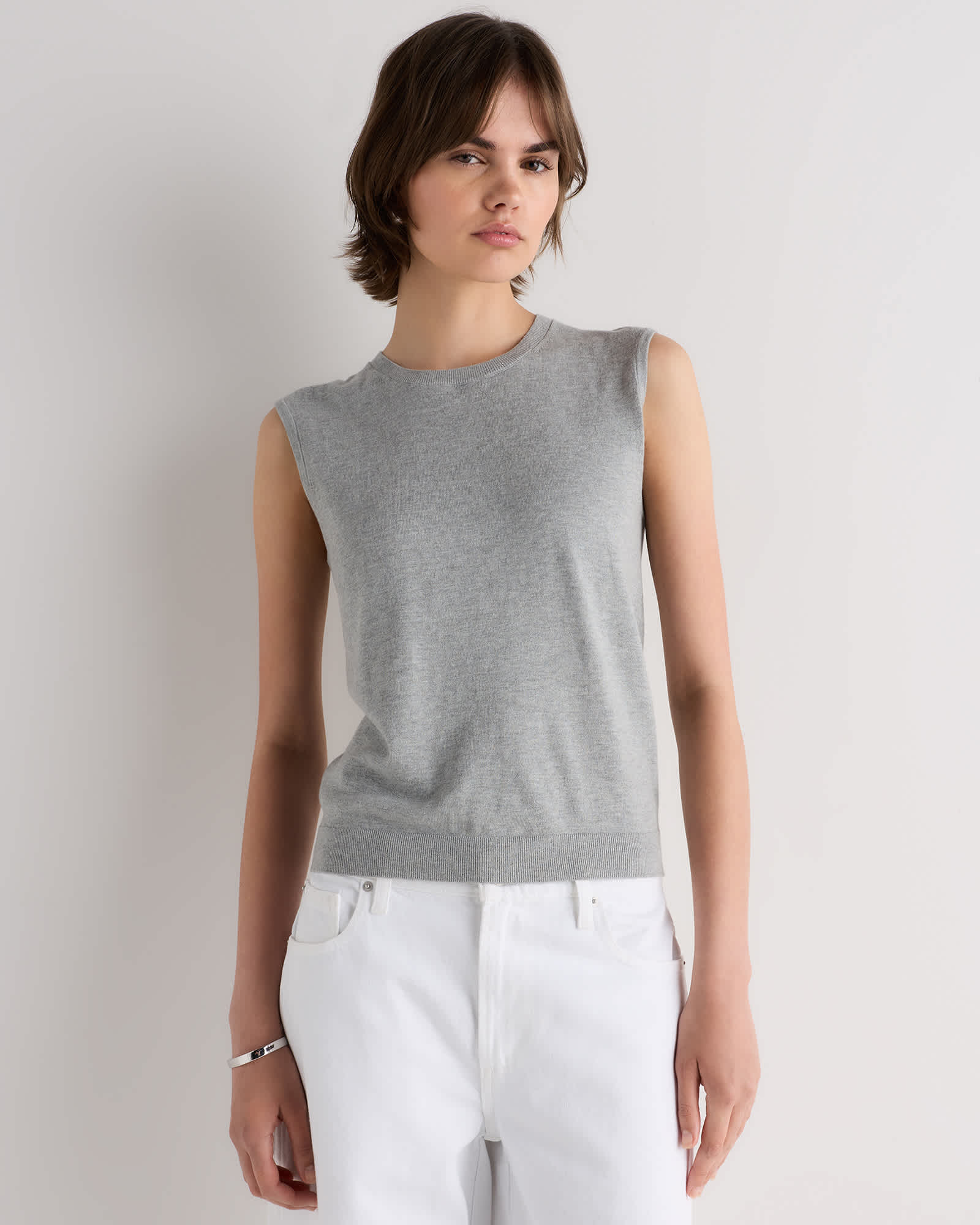 Heather Grey Débardeur léger en tricot de coton et cachemire