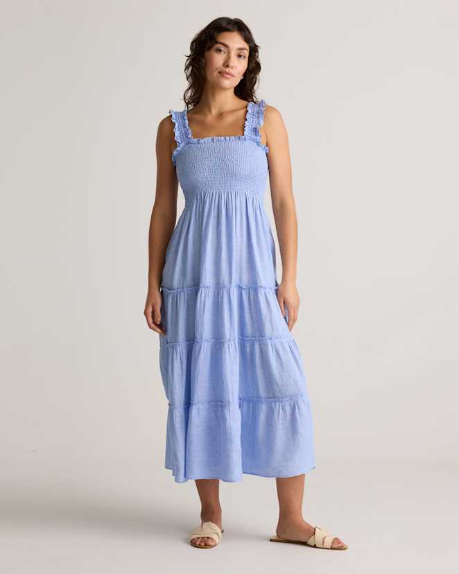 French Blue 100% European Linen Smocked Midi Dress