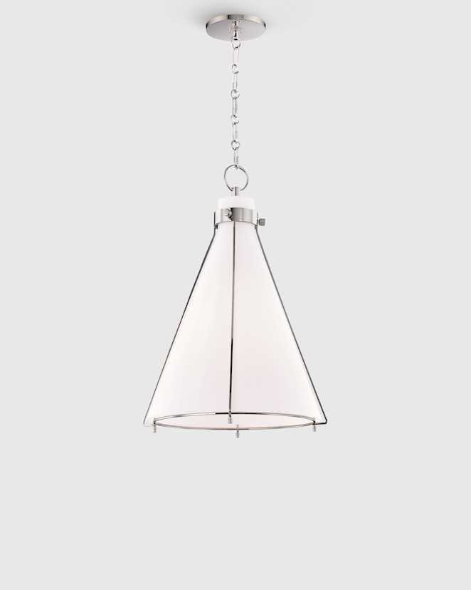Polished Nickel Iron and Opal Glass Conical Pendant Light