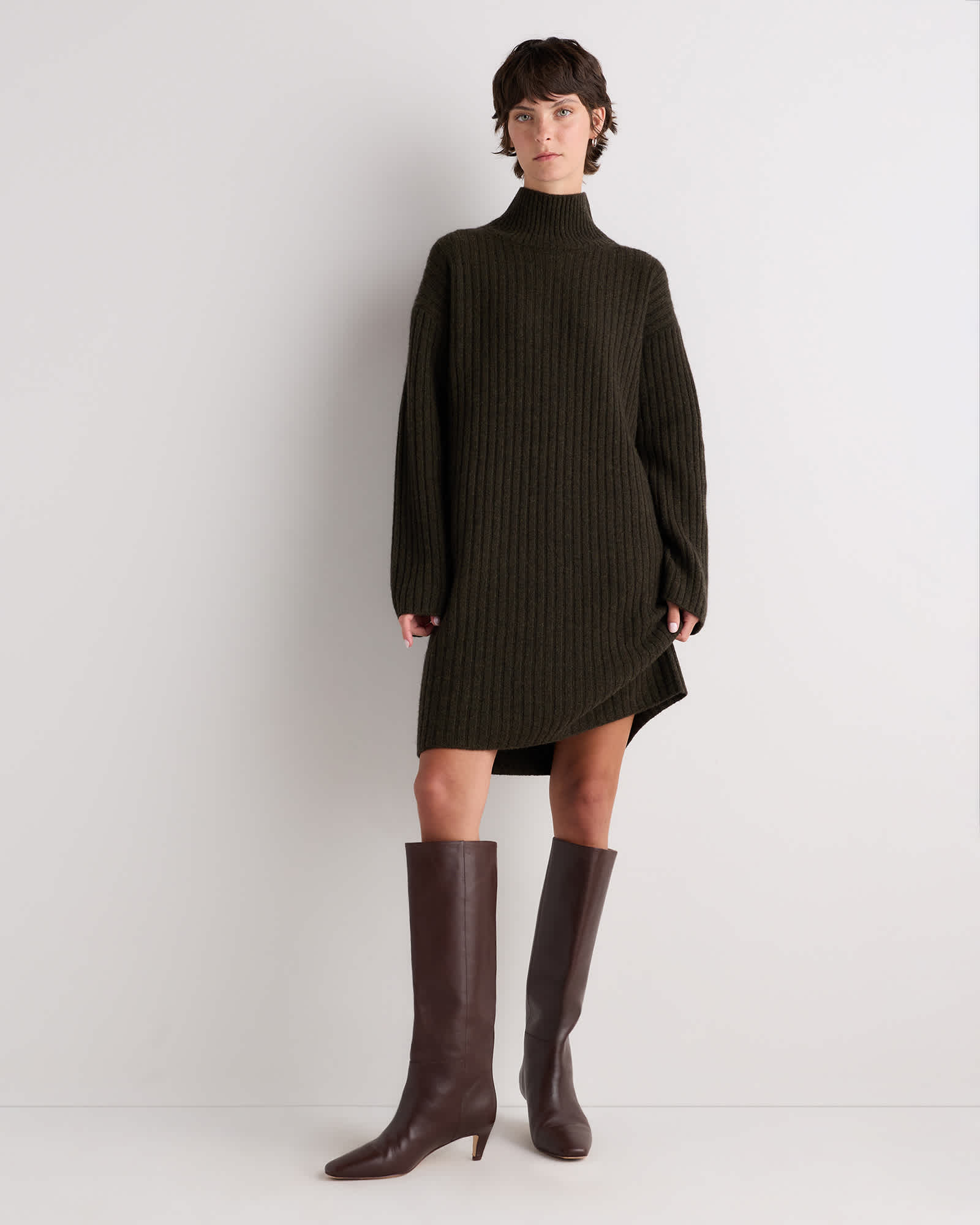 Olive Twist Mongolian Cashmere Ribbed Turtleneck Mini Dress