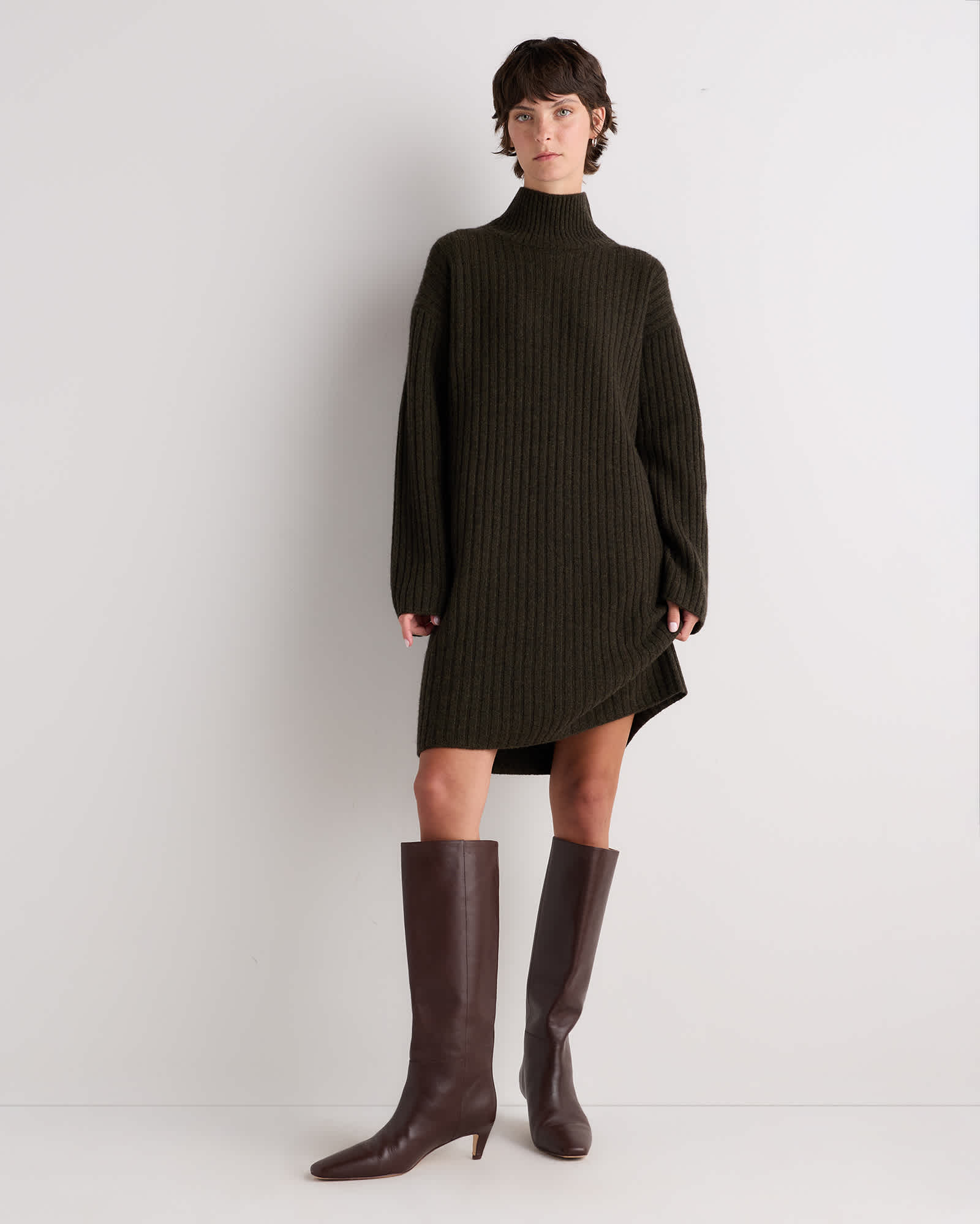 Olive Twist Mongolian Cashmere Ribbed Turtleneck Mini Dress