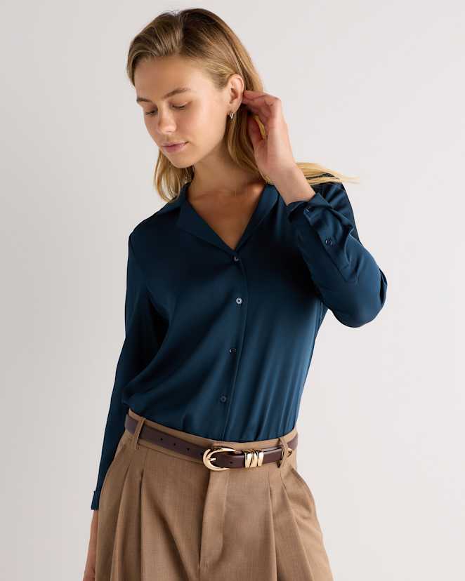 Stratus Blue Washable Stretch Silk Notch Collar Blouse
