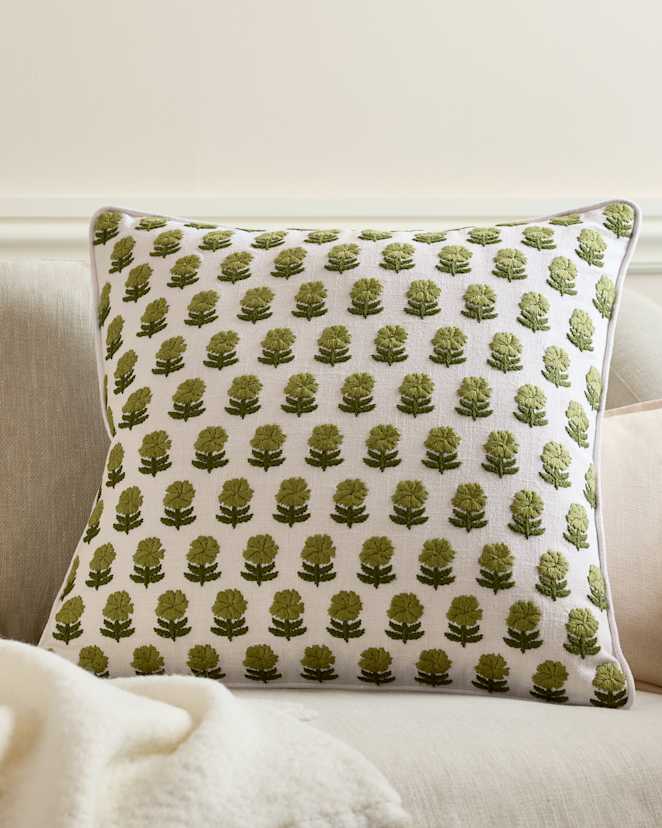 Green Embroidered Floral Cotton Pillow Cover