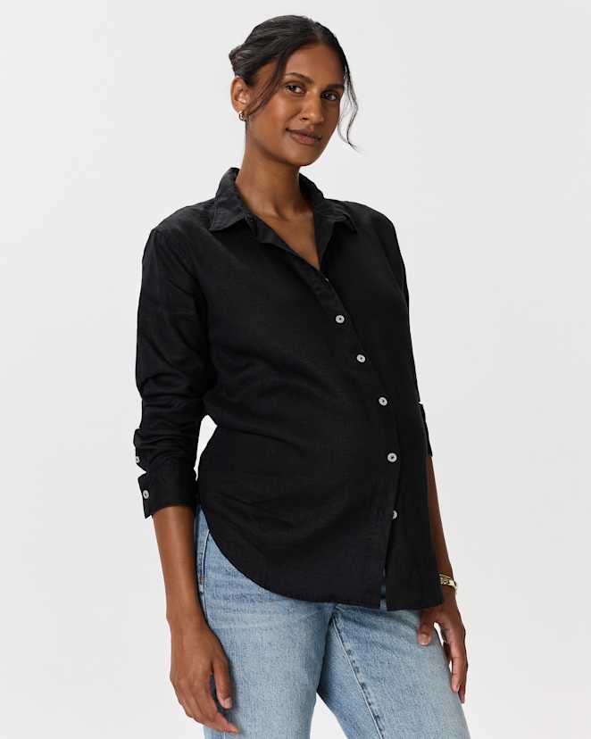 Black 100% European Linen Maternity Long Sleeve Shirt