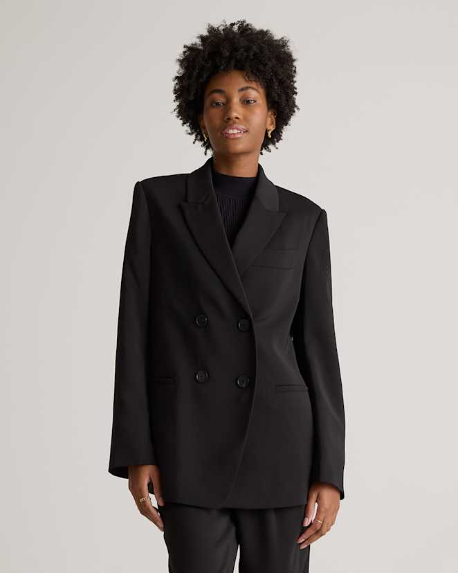 Black Stretch Crepe Relaxed Double-Breasted Blazer