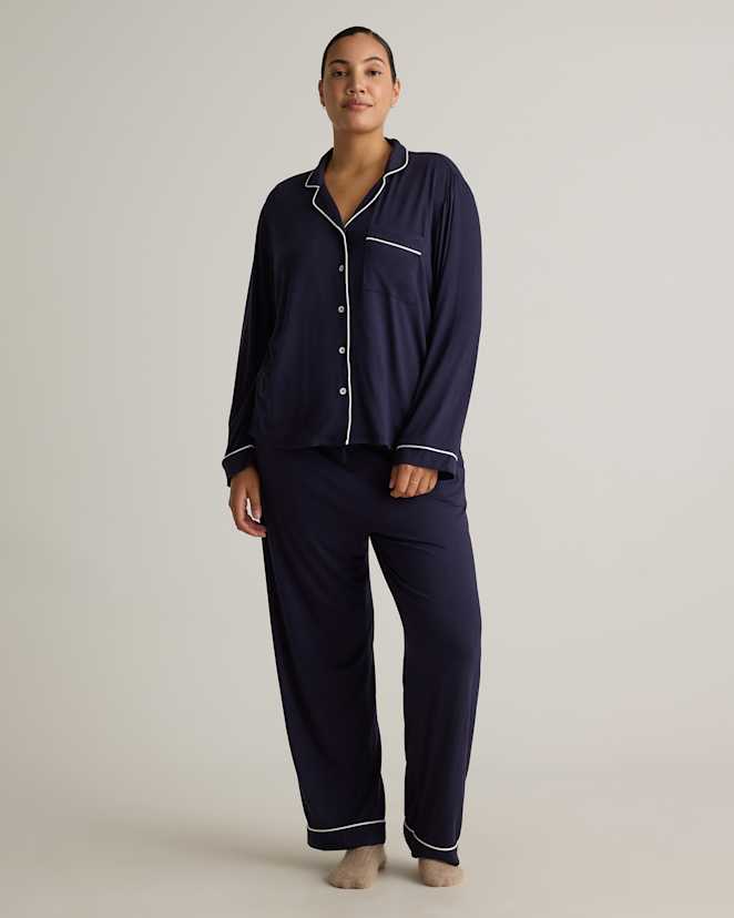 Deep Navy Bamboo Jersey Long Sleeve Pajama Set