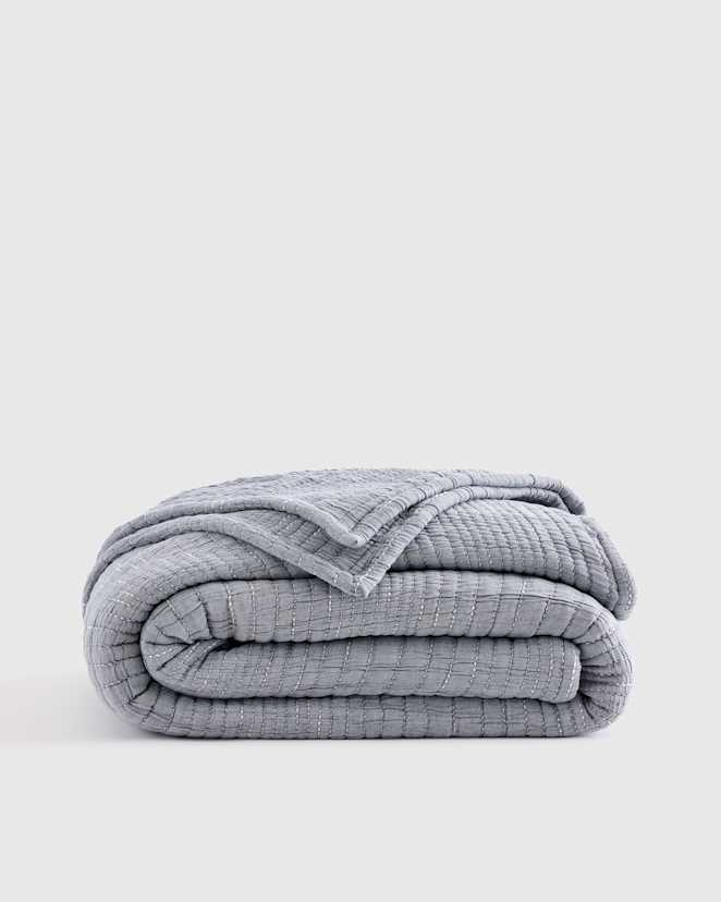 Blue Organic Cotton Channel Stitch Coverlet