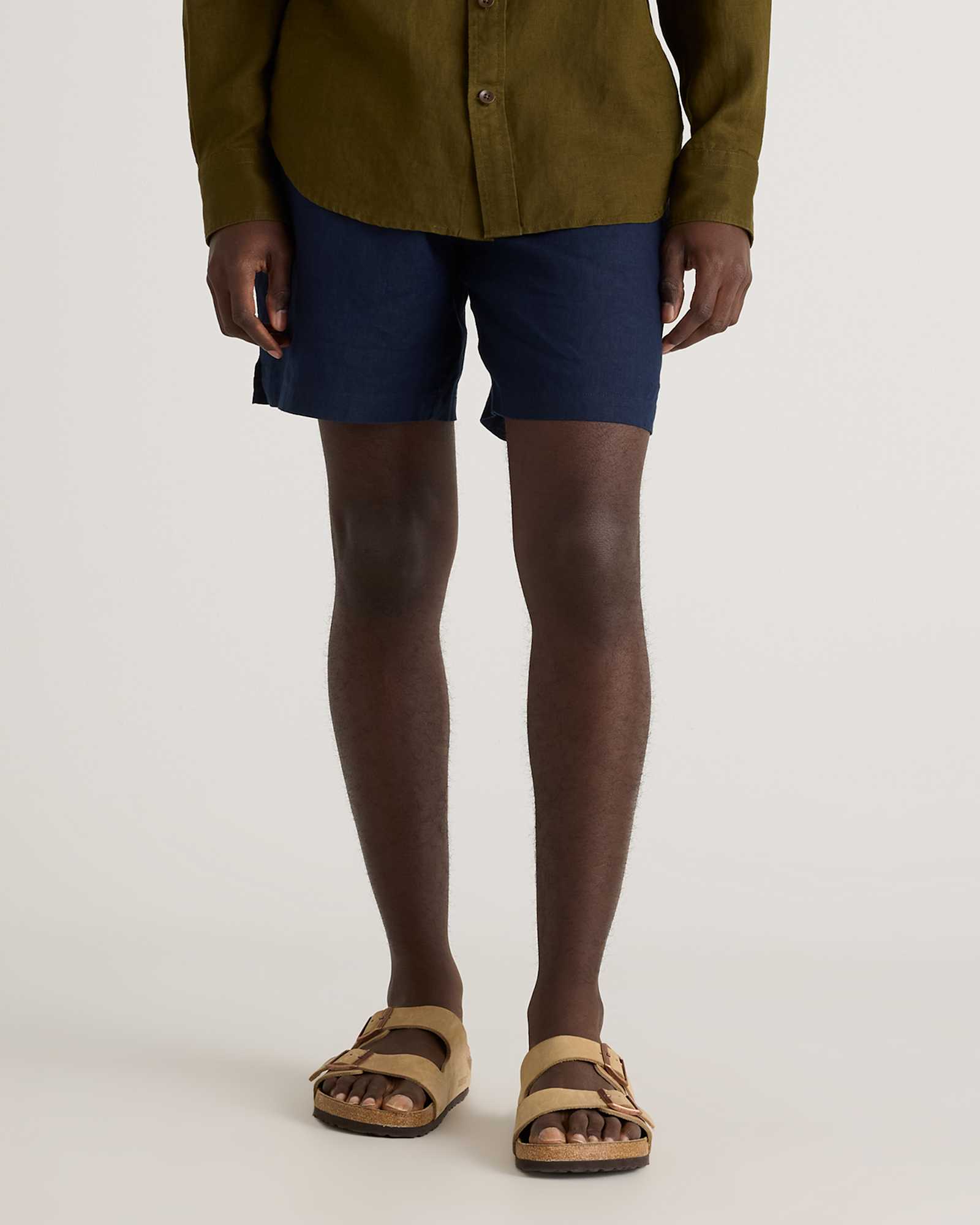 deep-navy 100% European Linen Drawstring Beach Shorts - 7"