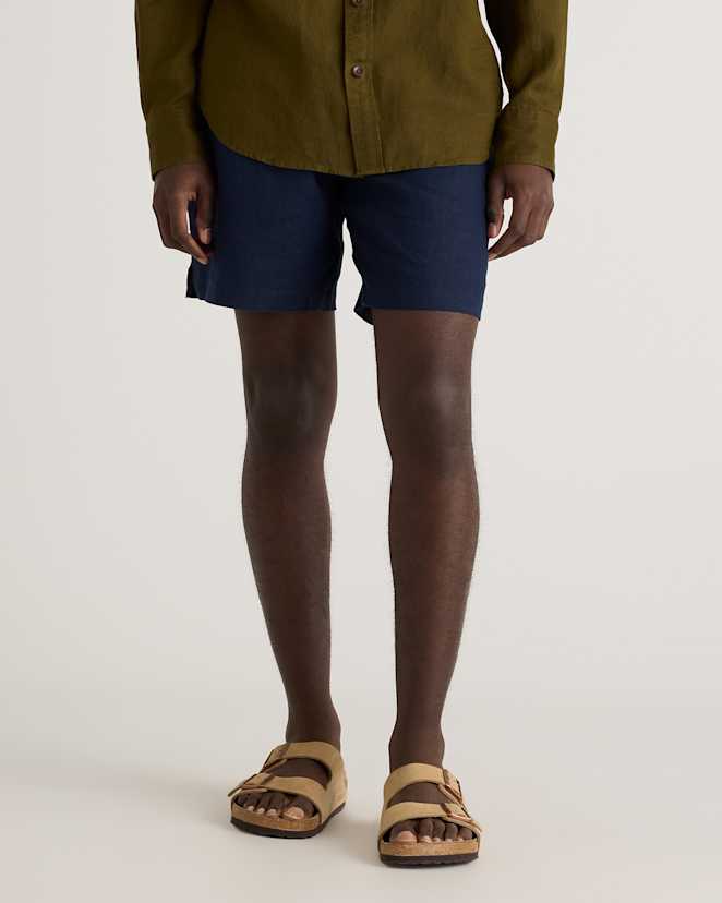 Deep Navy 100% European Linen Drawstring Beach Shorts - 7"