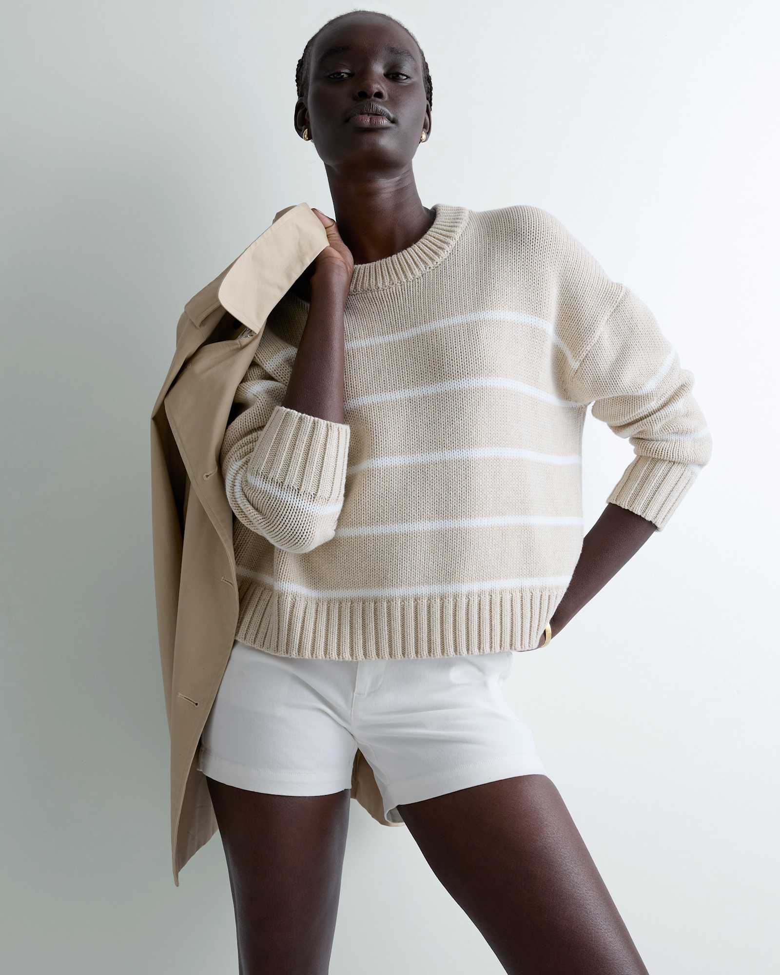 speckled-beige/ivory 100% Organic Cotton Striped Crew Sweater