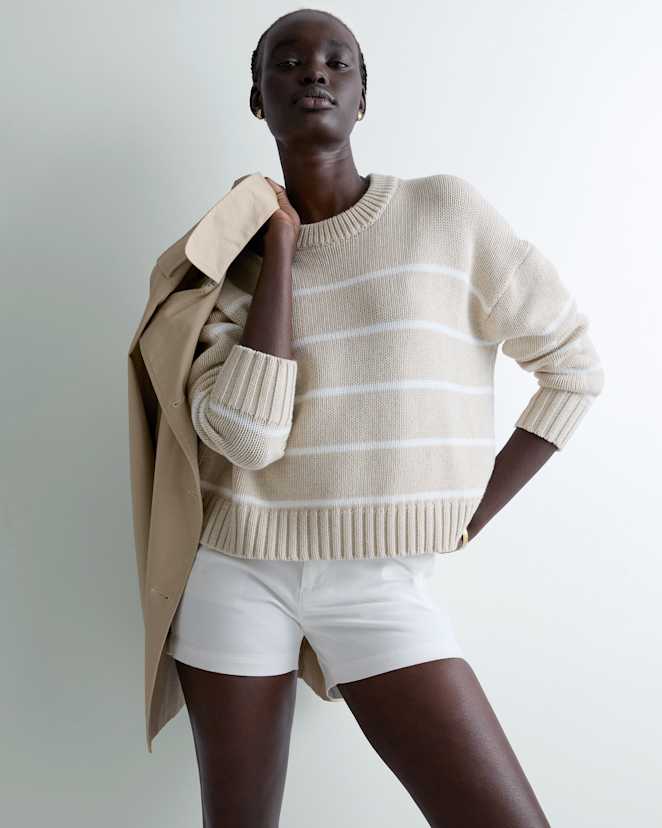 Speckled Beige/Ivory 100% Organic Cotton Striped Crew Sweater