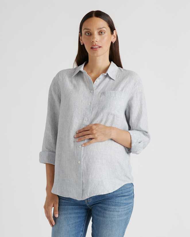 W--112-BPIN 0201 copy Blue Pinstripe 100% European Linen Maternity Long Sleeve Shirt
