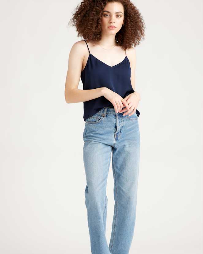 Navy Camisole en soie extensible lavable à col en V