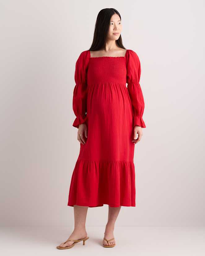 Wild Cherry 100% Organic Cotton Gauze Maternity Smocked Midi Dress