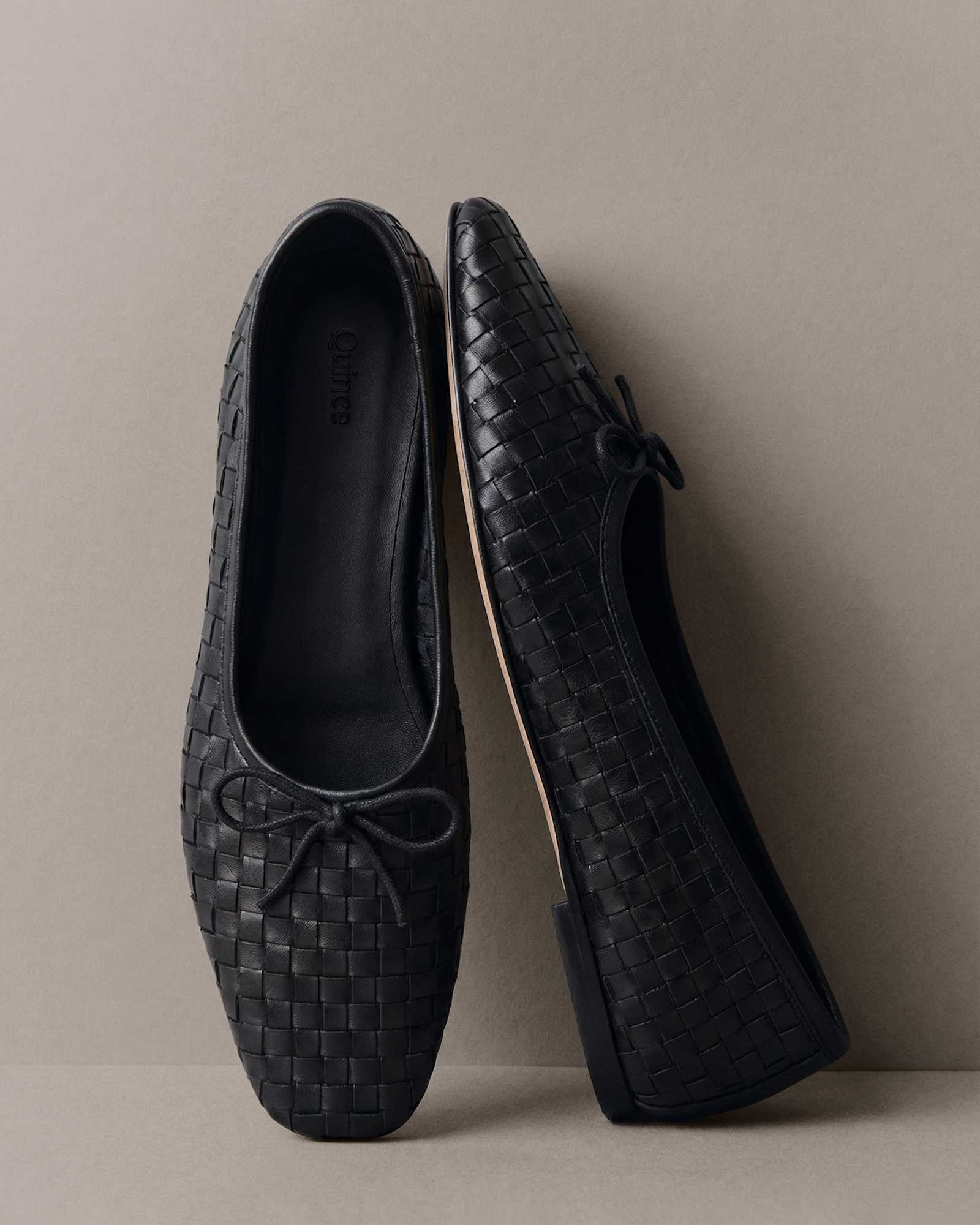 black Italian Leather Handwoven Square Toe Ballet Flat