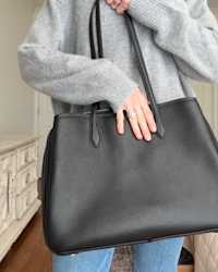 Italian Leather Triple Compartment Work Tote - PDP Video Thumbnail (Black, 4x5)