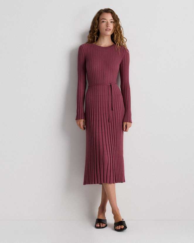 Crushed Berry Purple Cotton Cashmere Ribbed Long Sleeve Crew Midi Dress
