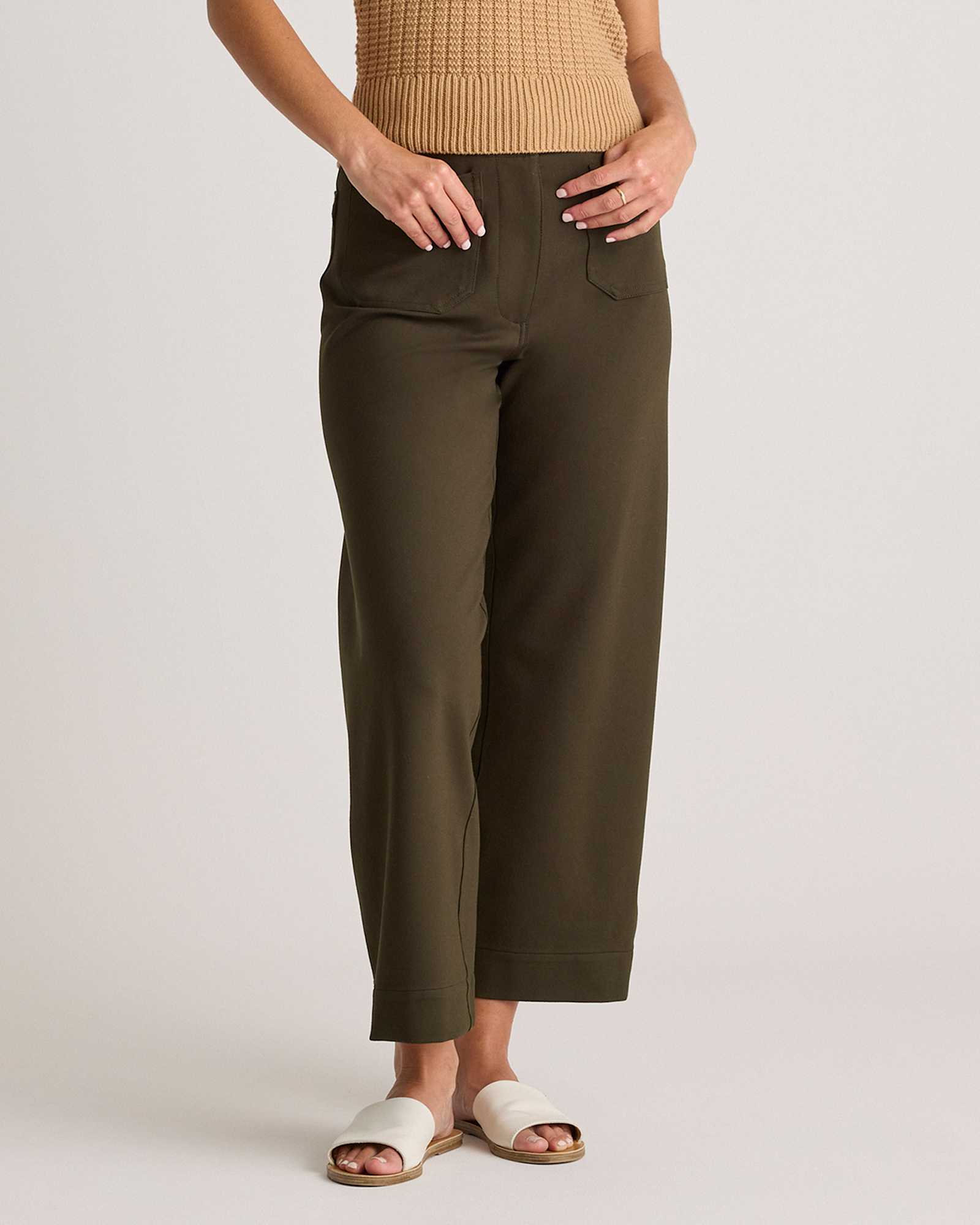 olive Ultra-Stretch Ponte Cropped Wide Leg Pants