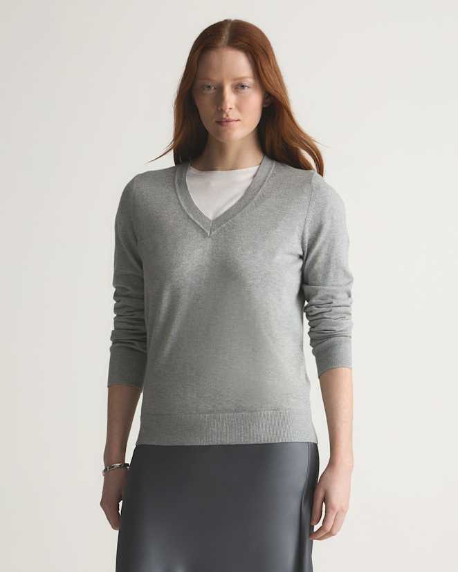 Heather Grey Lightweight Cotton Cashmere V-Neck Sweater