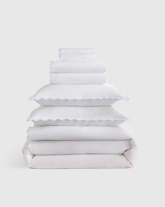 White/Mist Classic Organic Percale Scallop Deluxe Bedding Bundle