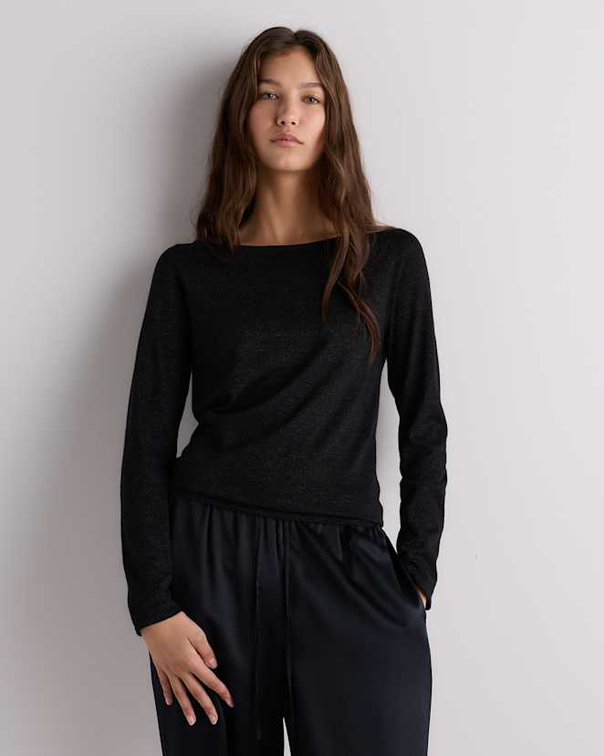 Noir Luster Cashmere Silk Sparkle Wide Neck Sweater