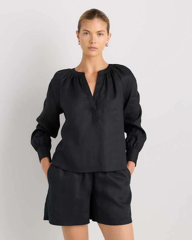 Black 100% European Linen Peasant Top